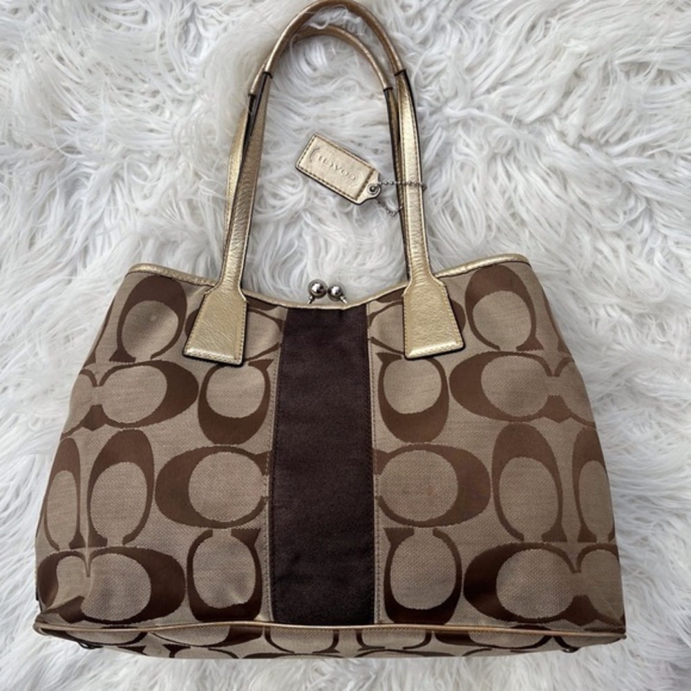 Coach SIgnature Handbag Purse Large "C" Satchel Tote Gold Tone Trim w/ Hangtag - Picture 2 of 14